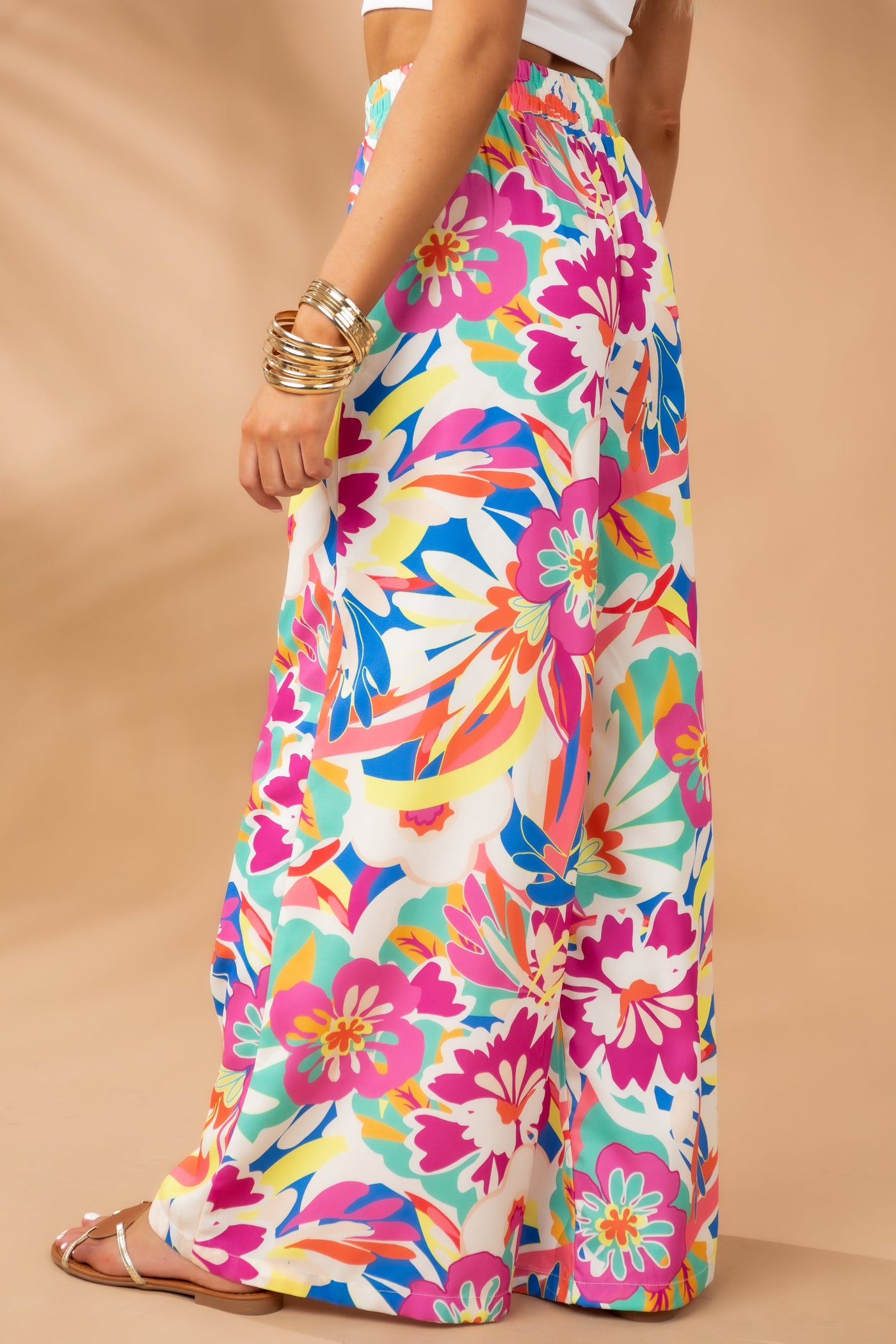 Multicolor Floral Print Wide Leg Woven Pants