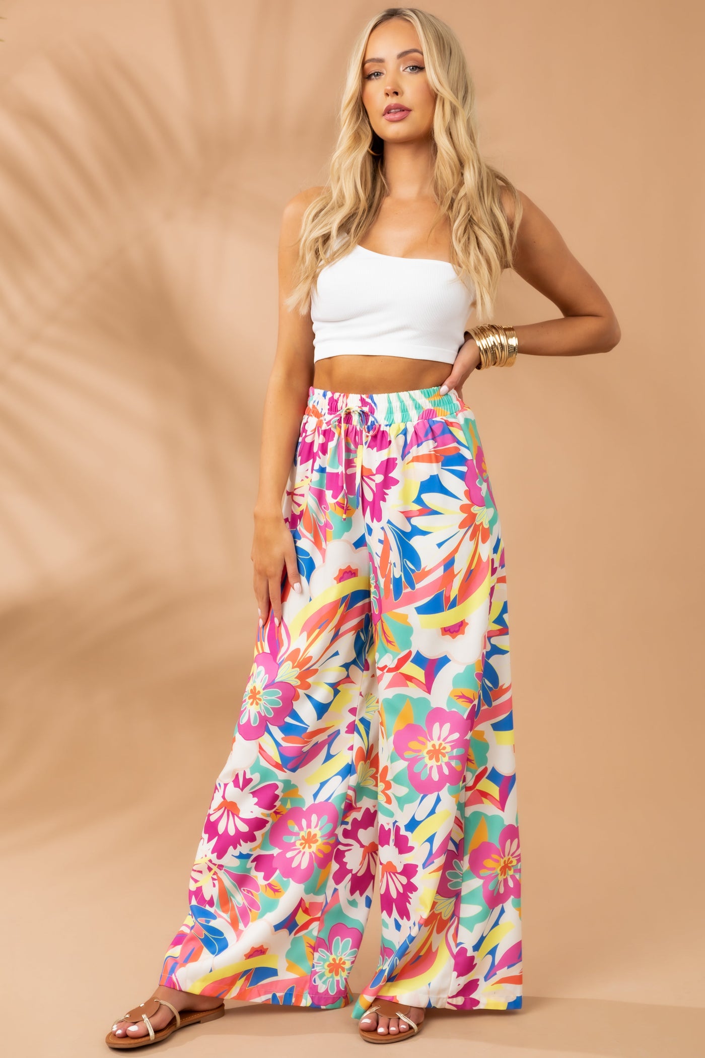 Multicolor Floral Print Wide Leg Woven Pants