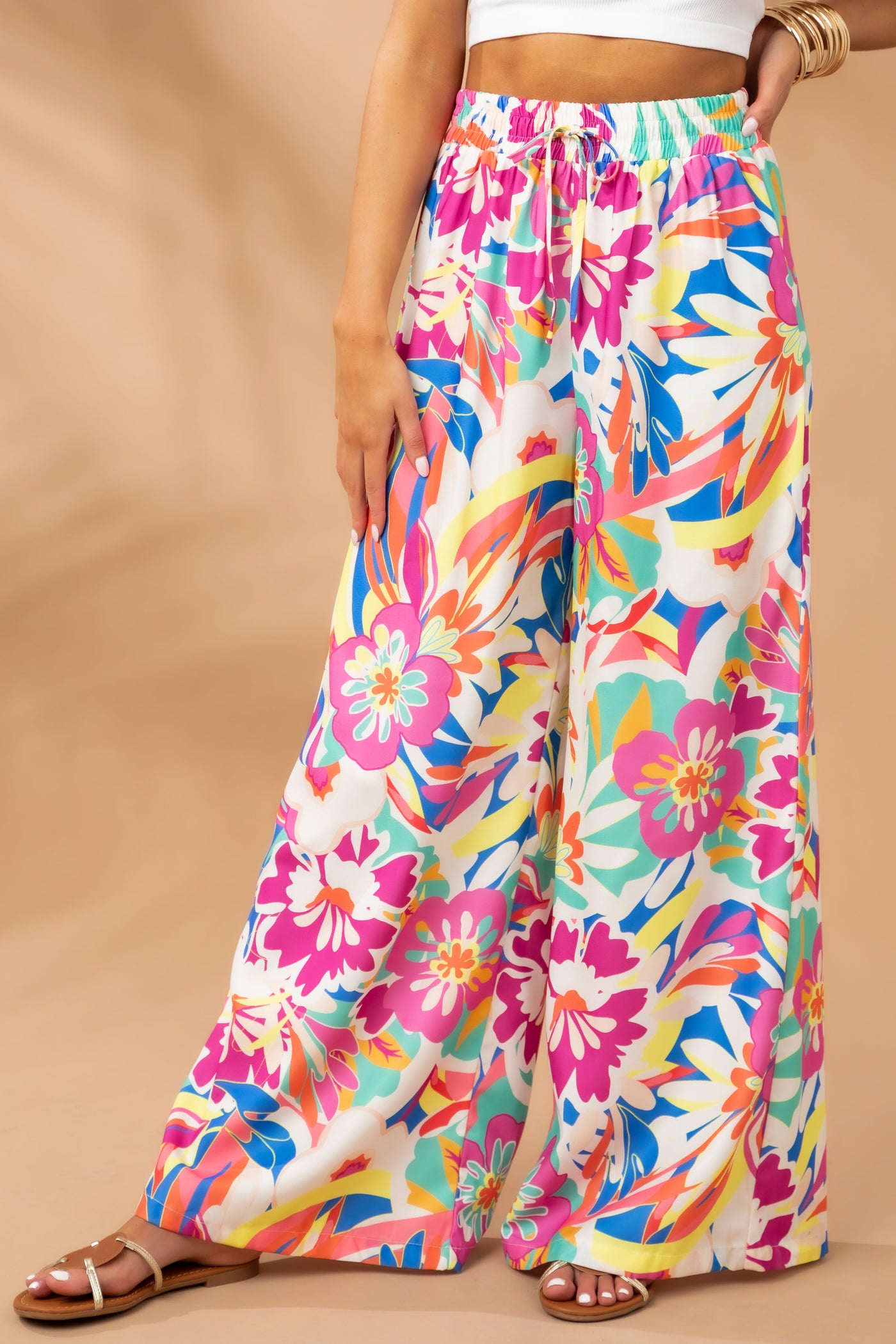 Multicolor Floral Print Wide Leg Woven Pants
