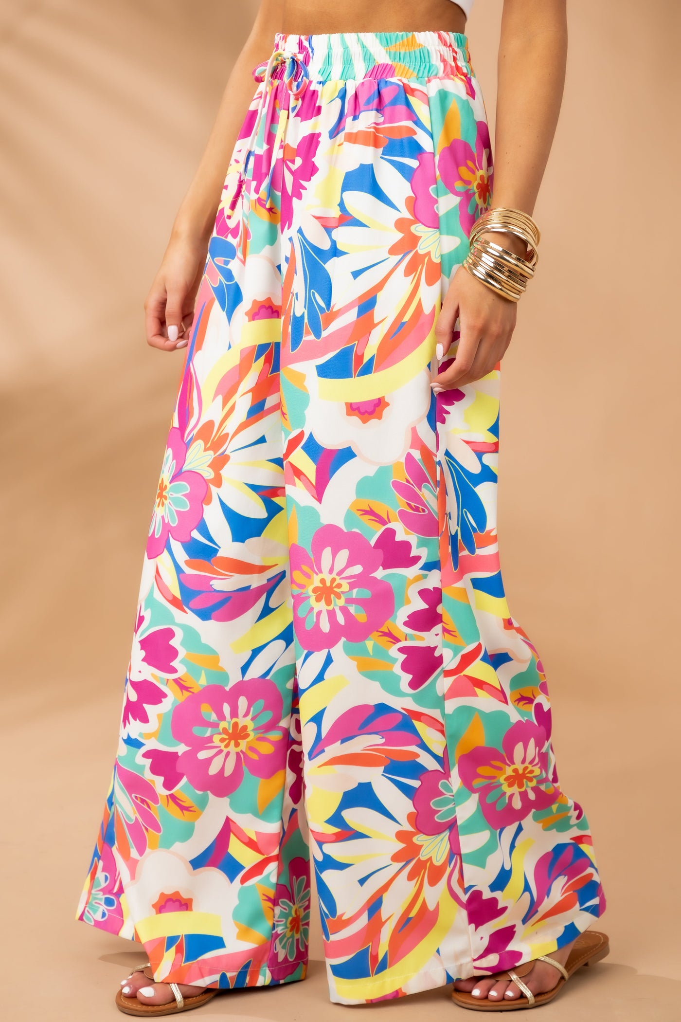 Multicolor Floral Print Wide Leg Woven Pants