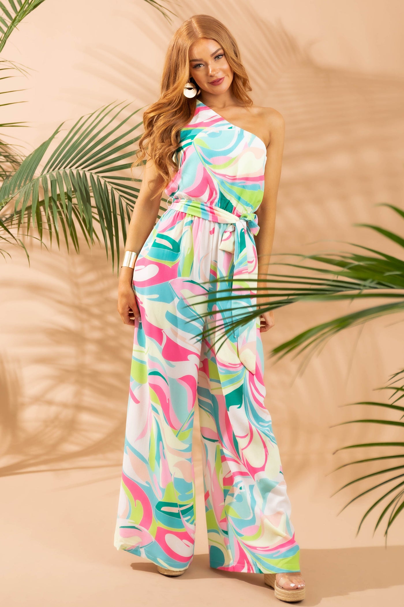 Multicolor Printed One Shoulder Sash Tie Jumpsuit