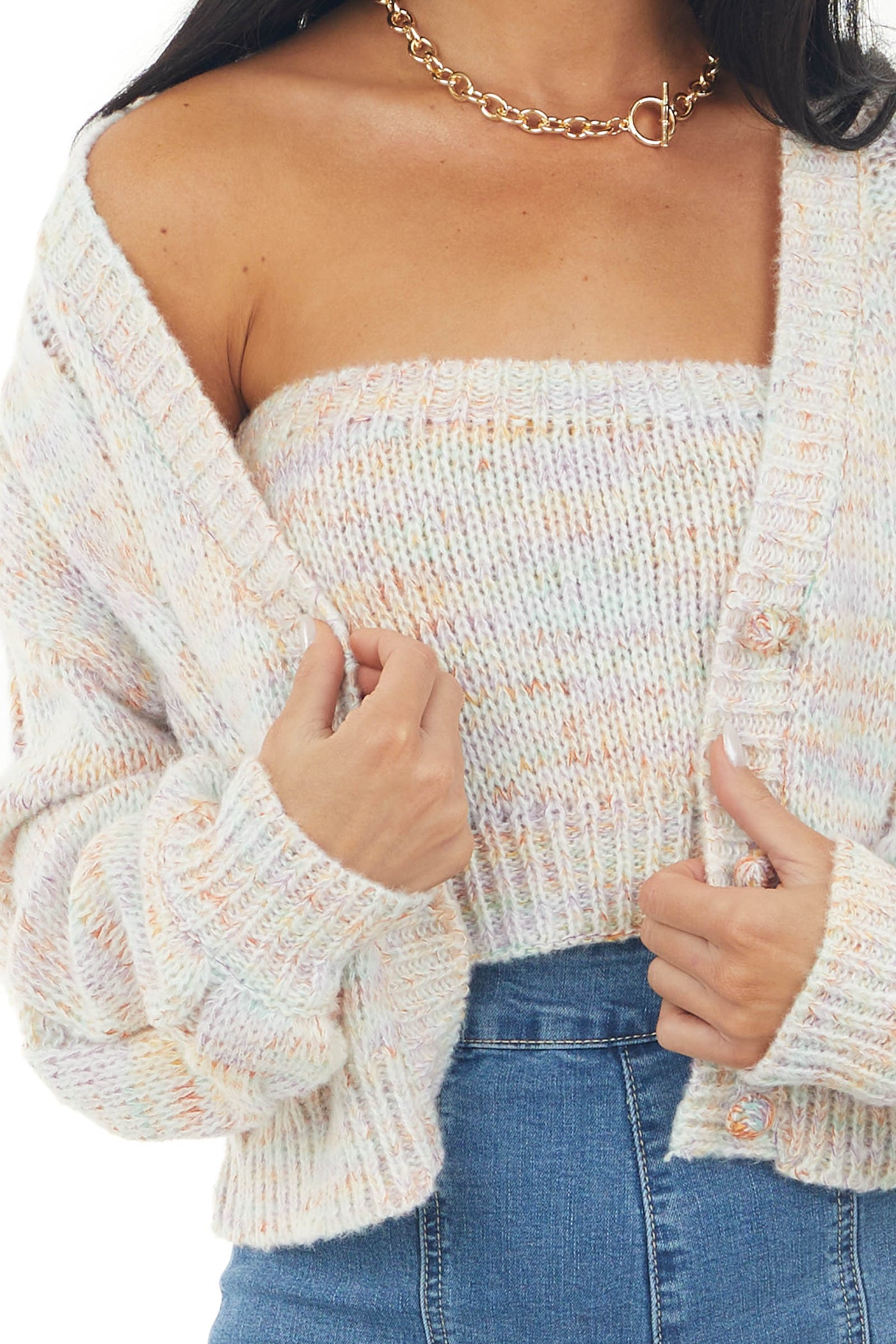 Multicolor Sleeveless Bandeau with Cardigan Set