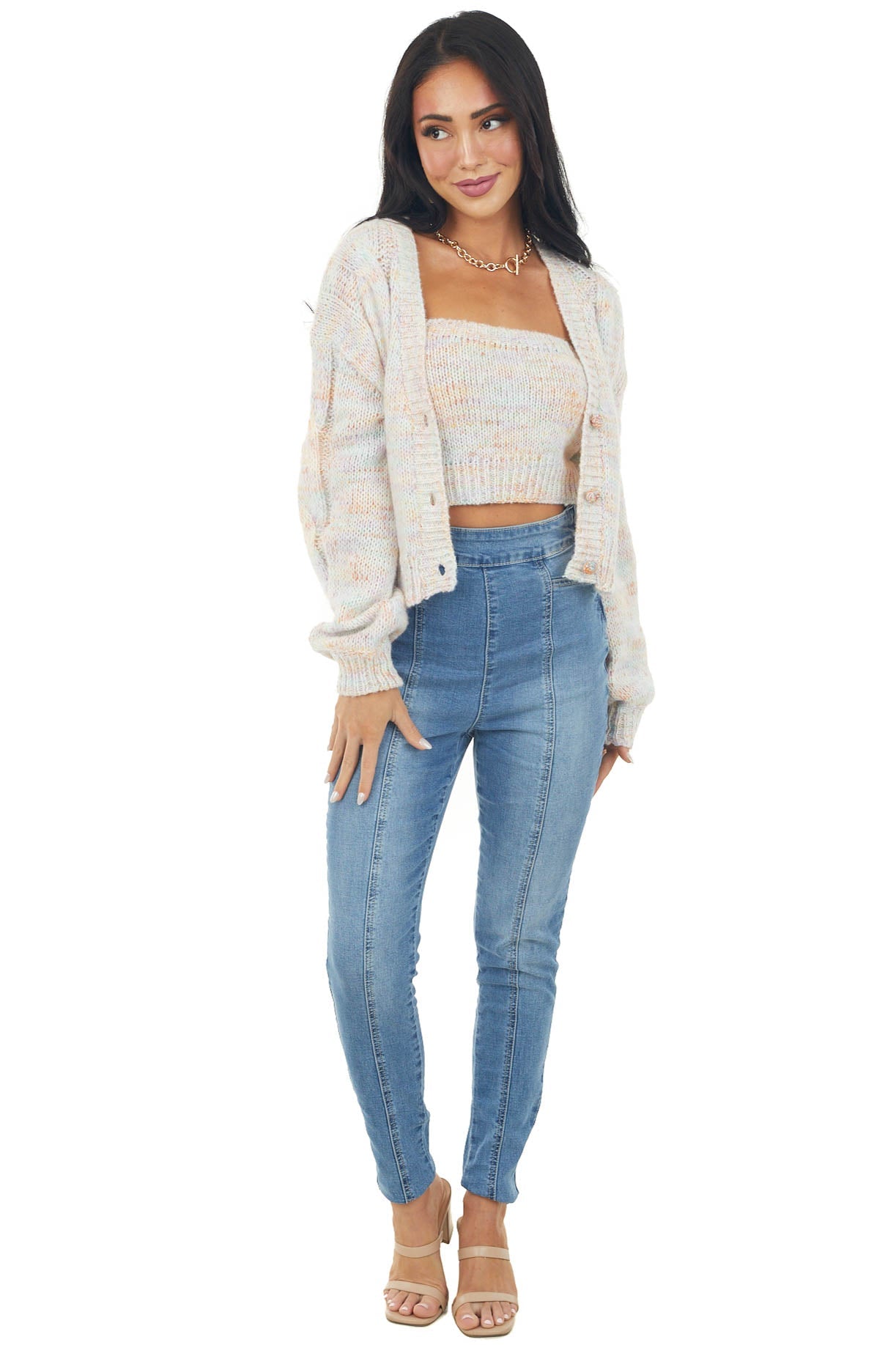 Multicolor Sleeveless Bandeau with Cardigan Set