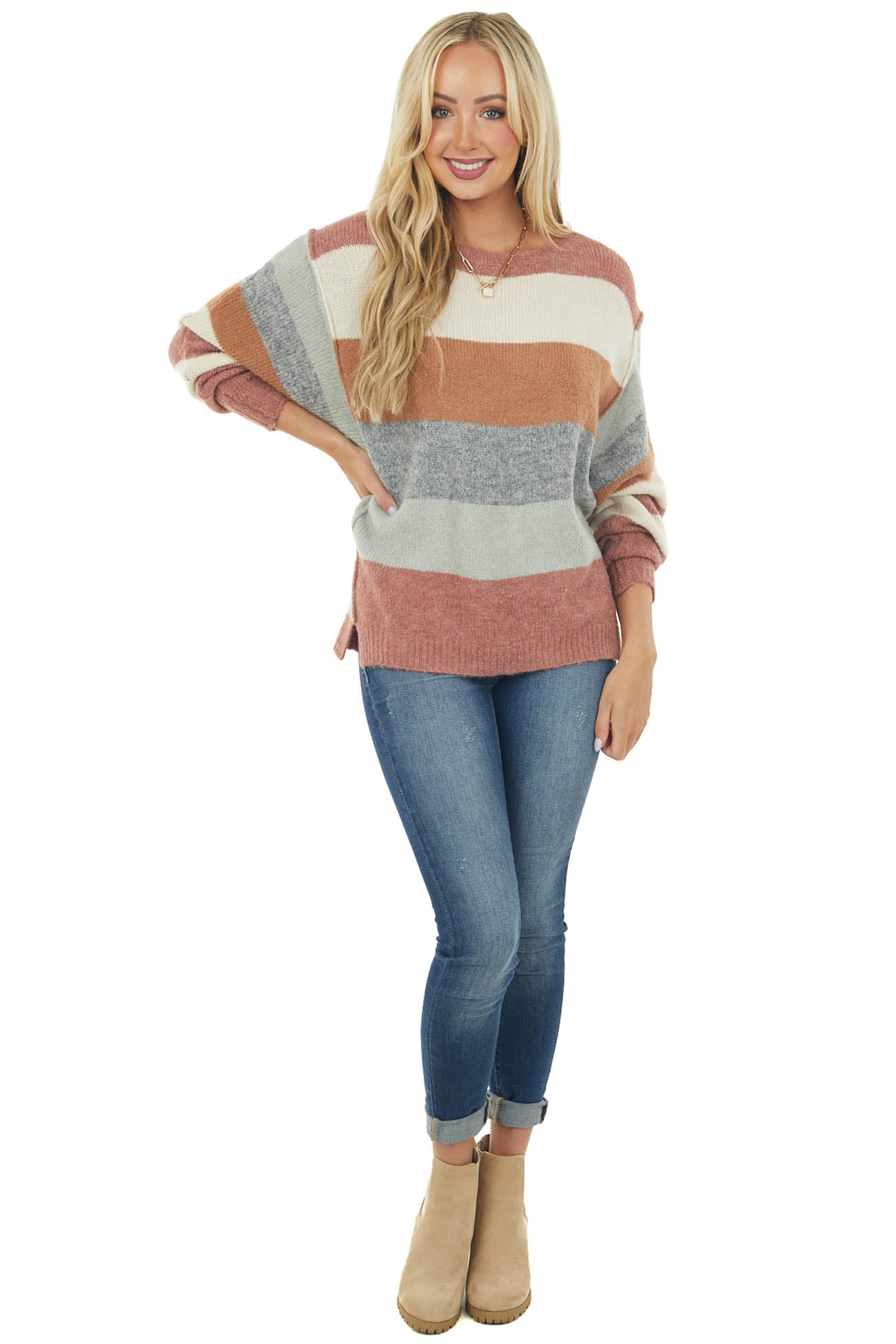 Multicolor Striped Dolman Sleeve Sweater