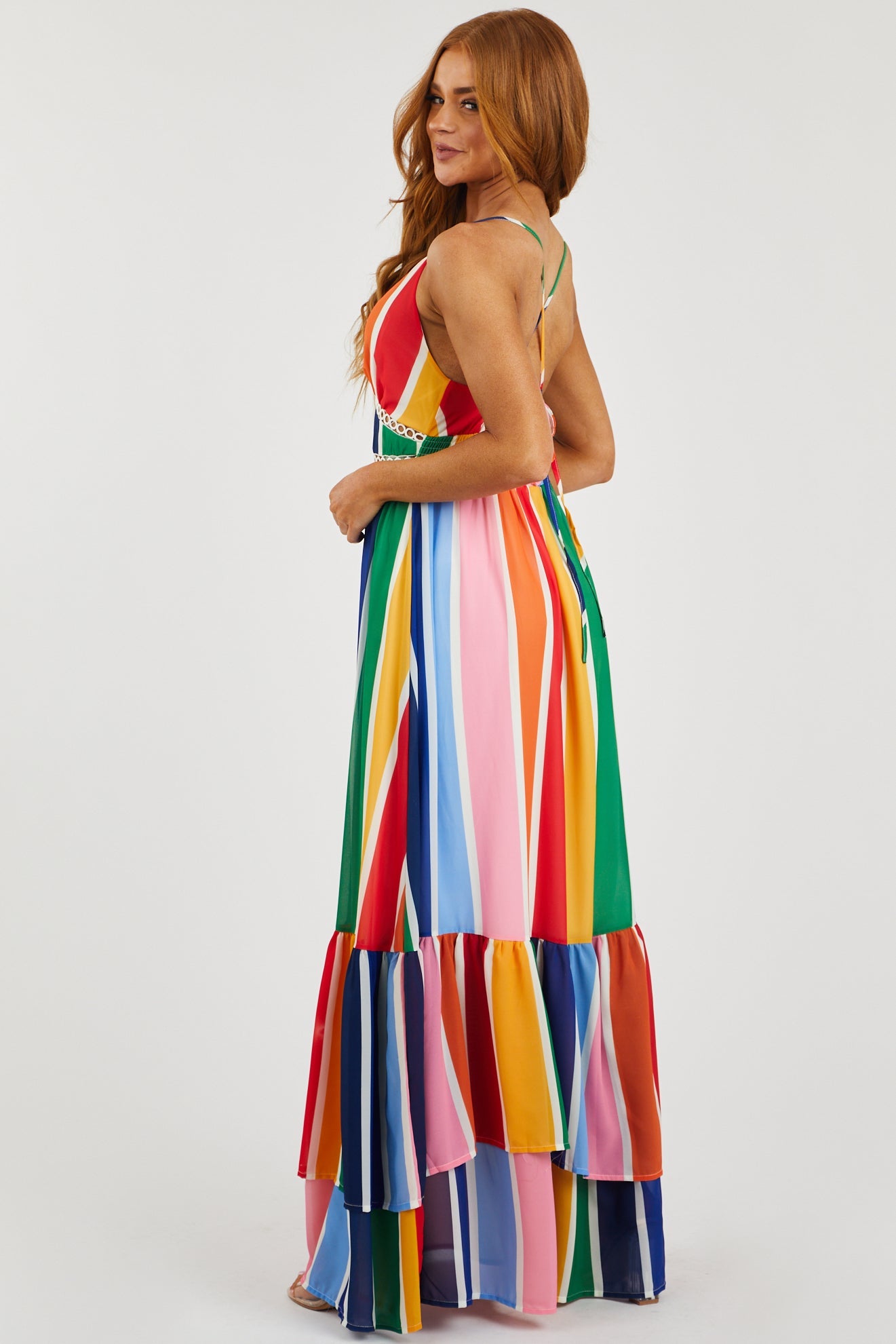 Multicolor Striped Sleeveless Tiered Maxi Dress