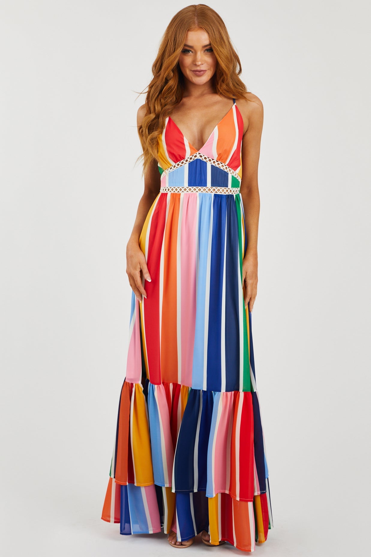 Multicolor Striped Sleeveless Tiered Maxi Dress
