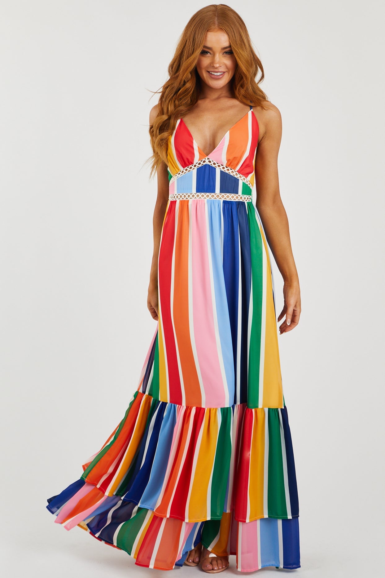 Multicolor Striped Sleeveless Tiered Maxi Dress