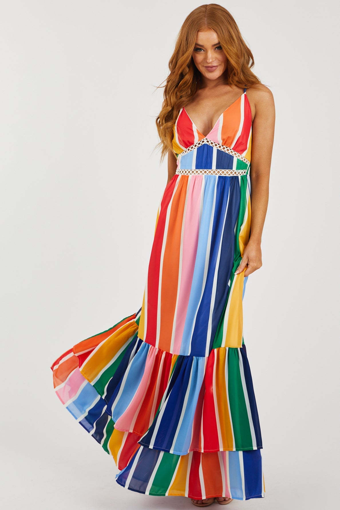 Multicolor Striped Sleeveless Tiered Maxi Dress