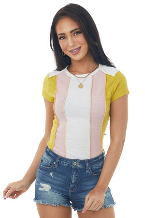 Mustard Colorblock Thermal Knit Short Sleeve Top