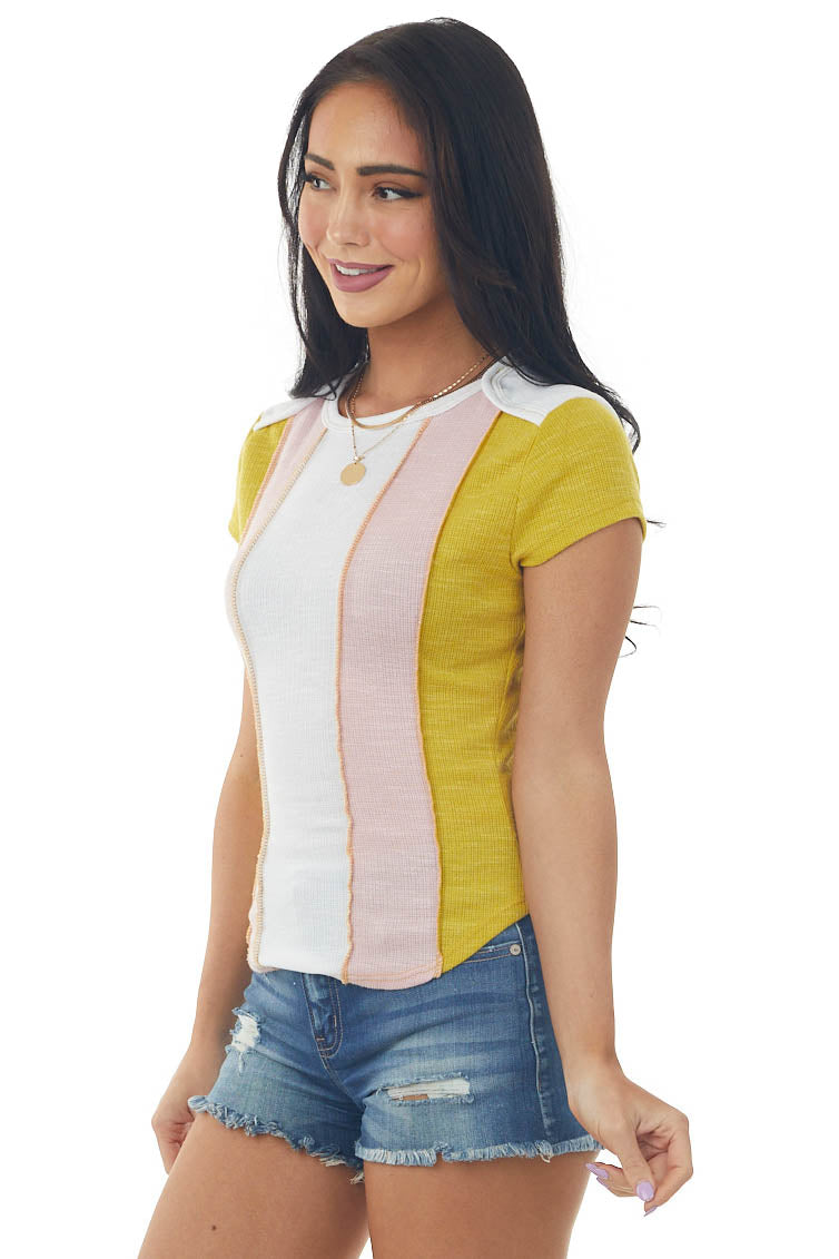 Mustard Colorblock Thermal Knit Short Sleeve Top