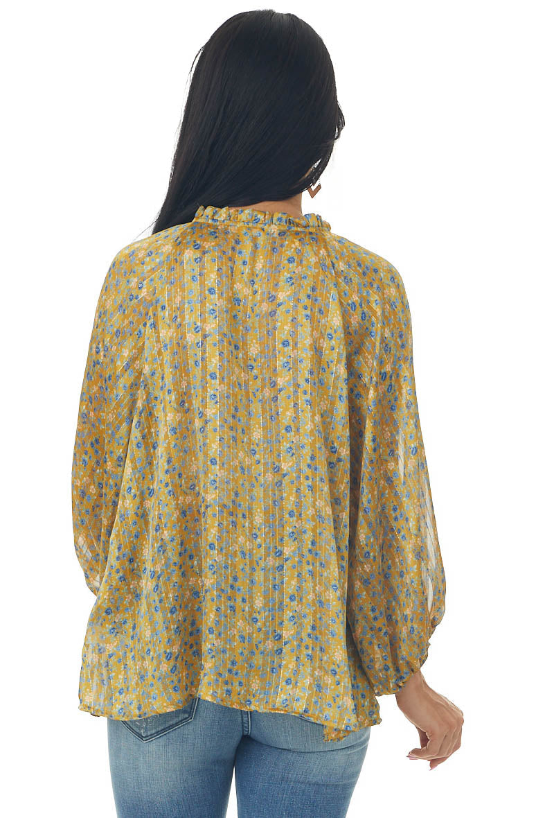 Mustard Floral Print Frill Tie Neck Peasant Top