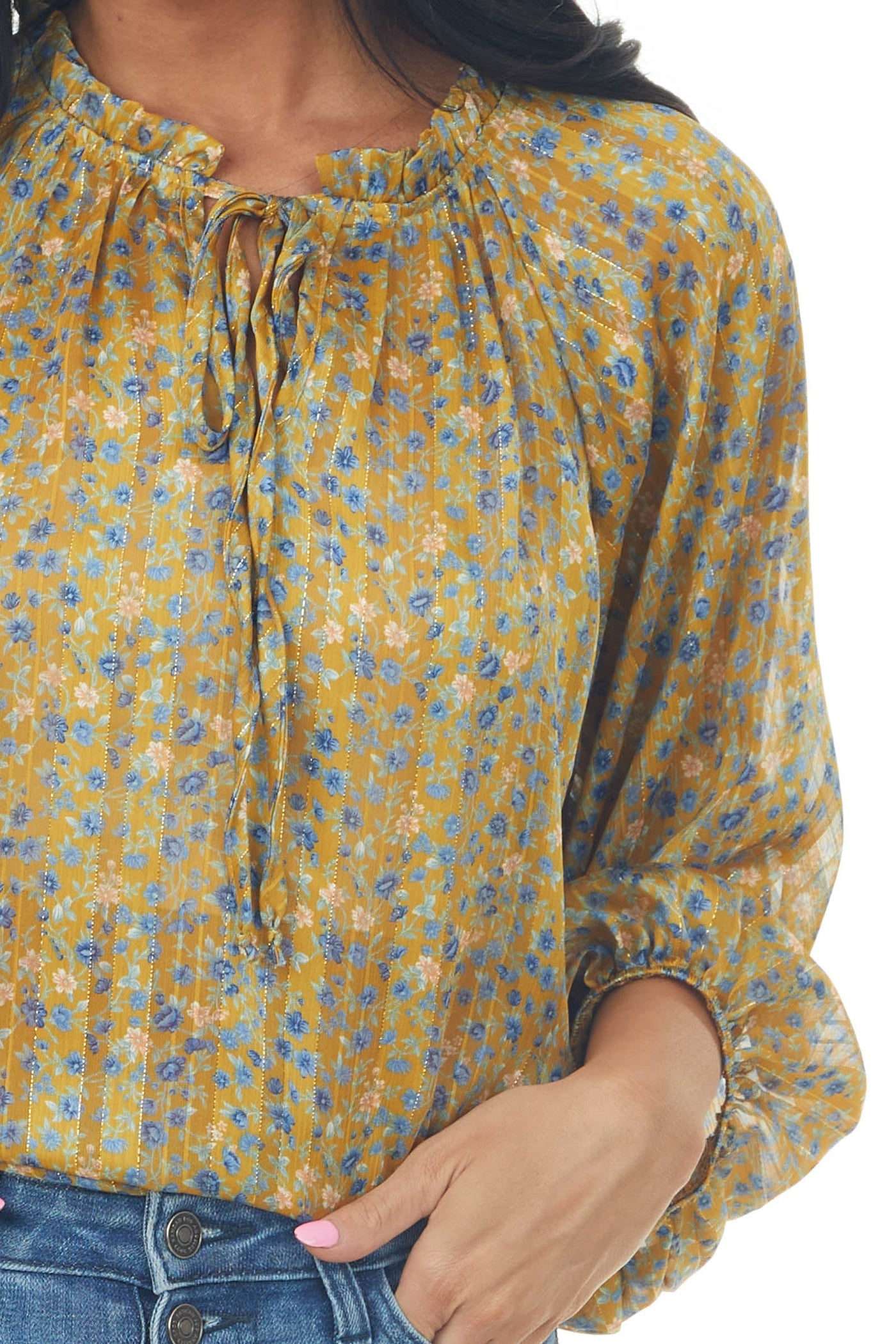 Mustard Floral Print Frill Tie Neck Peasant Top