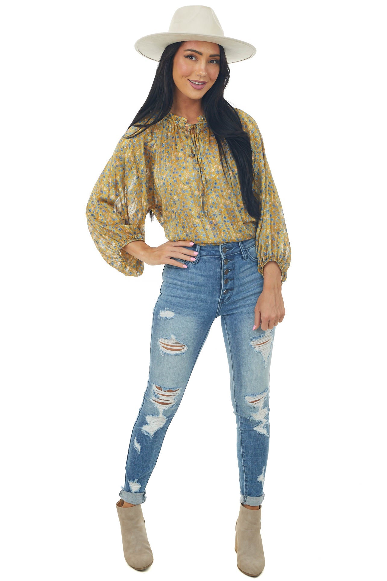 Mustard Floral Print Frill Tie Neck Peasant Top
