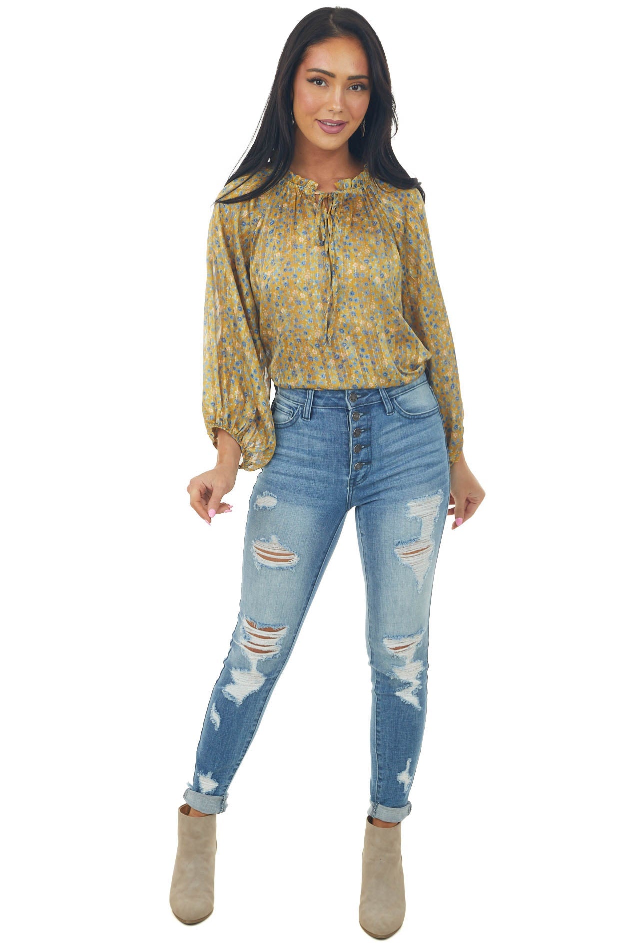 Mustard Floral Print Frill Tie Neck Peasant Top