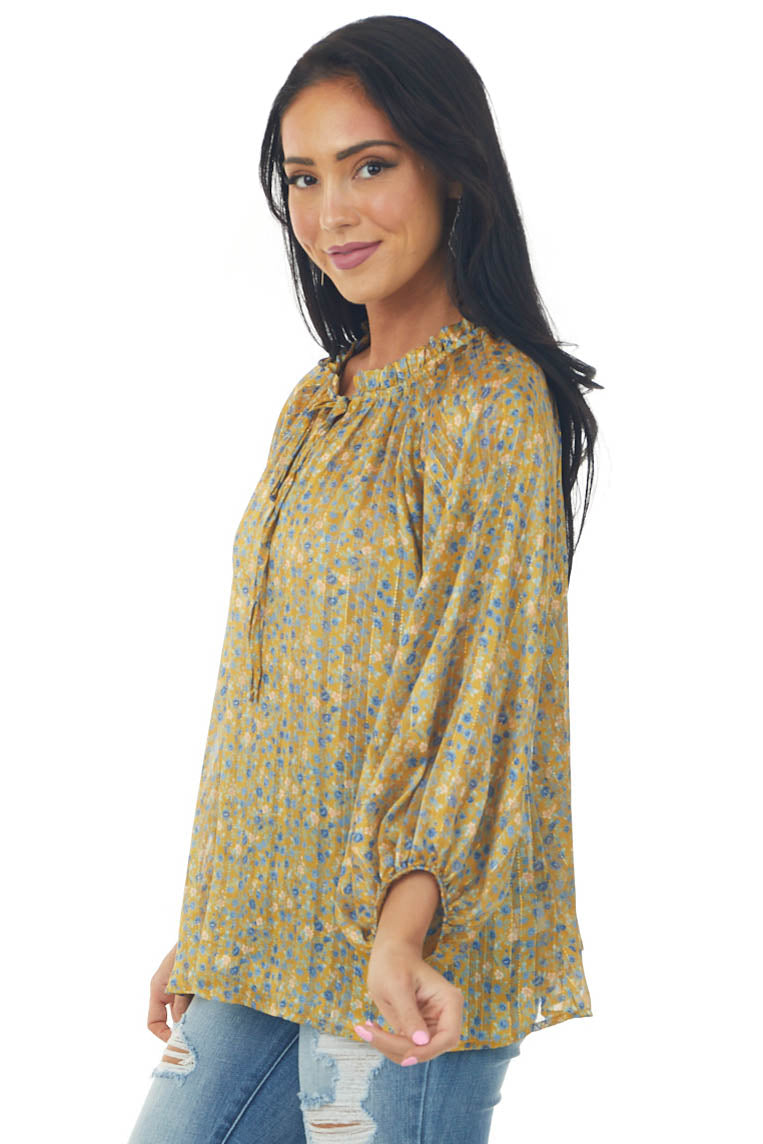 Mustard Floral Print Frill Tie Neck Peasant Top