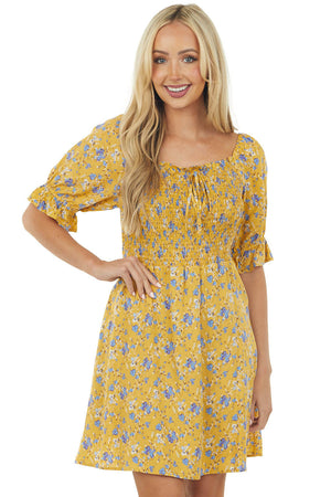 Mustard Floral Smocked 3-4 Ruffle Sleeve Dress