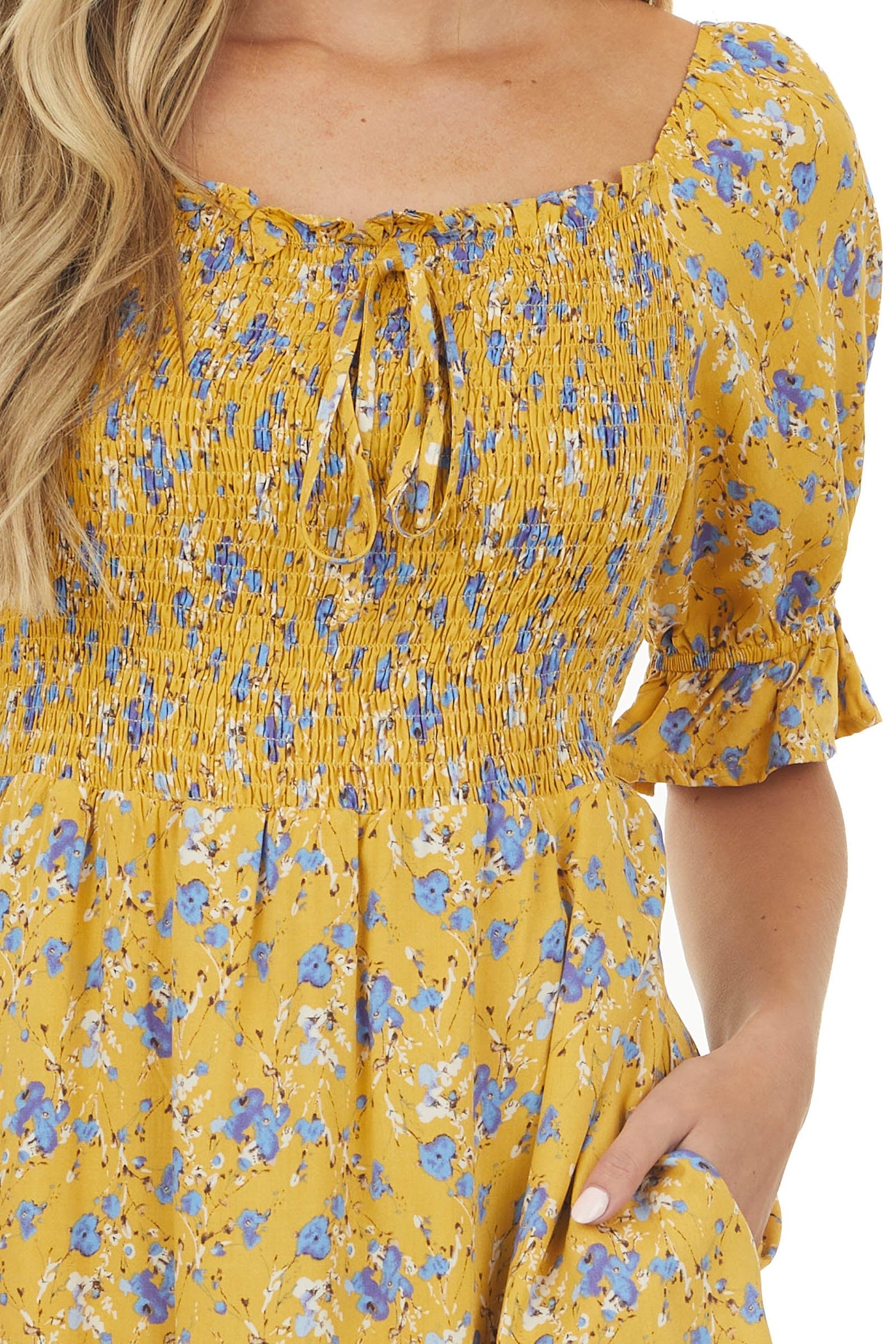 Mustard Floral Smocked 3-4 Ruffle Sleeve Dress