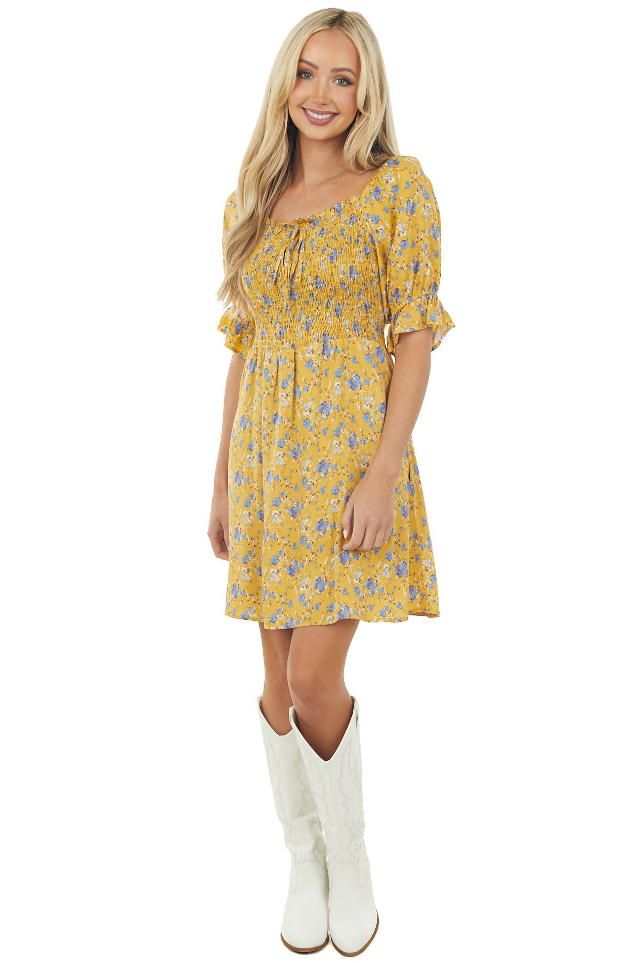 Mustard Floral Smocked 3-4 Ruffle Sleeve Dress