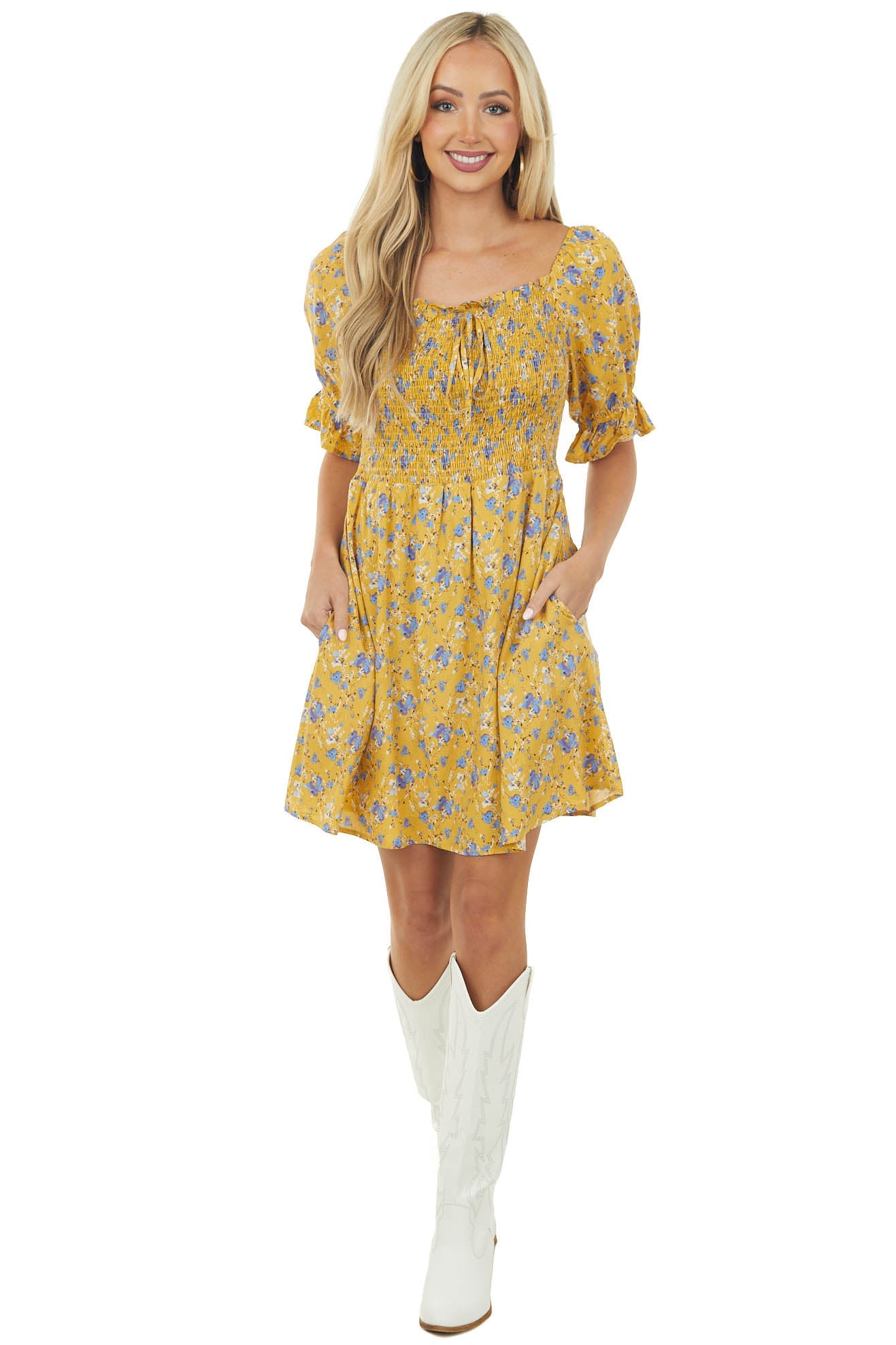 Mustard Floral Smocked 3-4 Ruffle Sleeve Dress