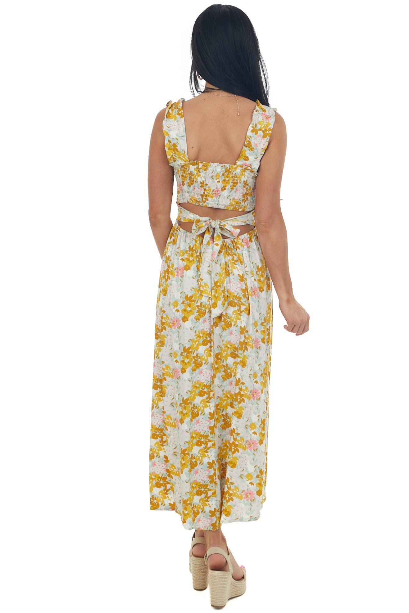 Mustard Floral Smocked Open Tie Back Midi Dress