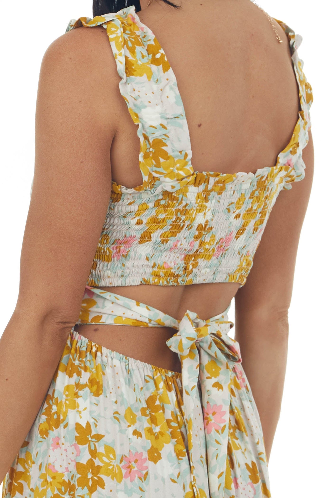 Mustard Floral Smocked Open Tie Back Midi Dress