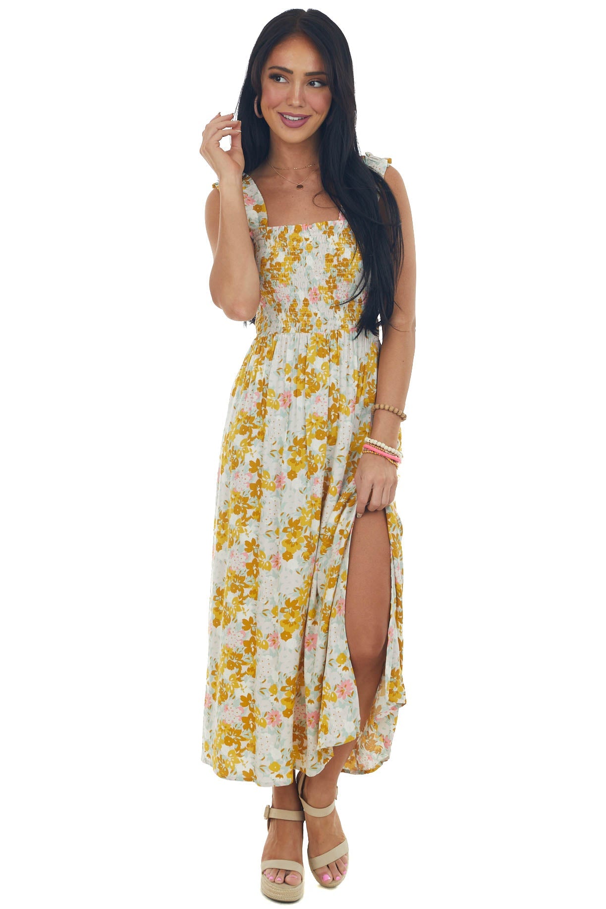 Mustard Floral Smocked Open Tie Back Midi Dress