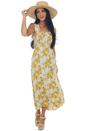Mustard Floral Smocked Open Tie Back Midi Dress