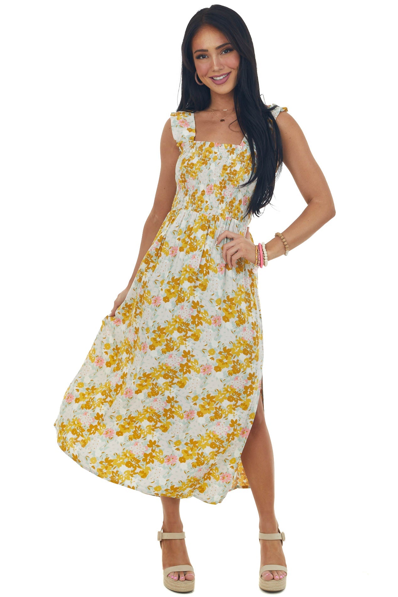 Mustard Floral Smocked Open Tie Back Midi Dress
