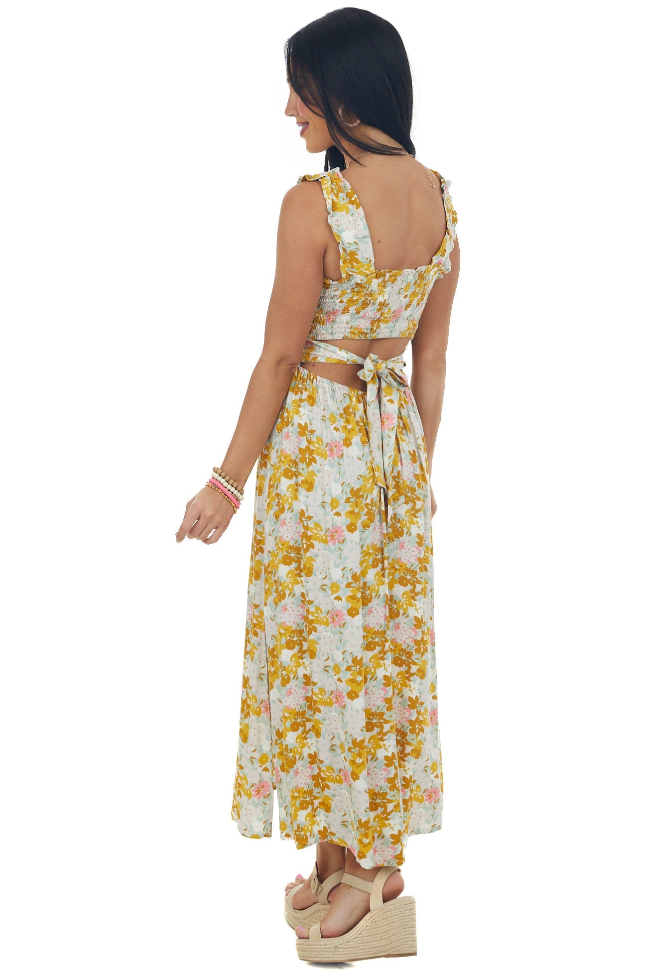 Mustard Floral Smocked Open Tie Back Midi Dress