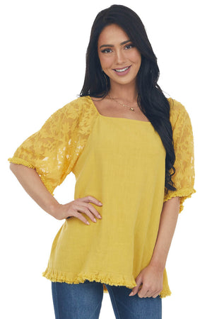 Mustard Floral Textured Mesh Sleeve Blouse