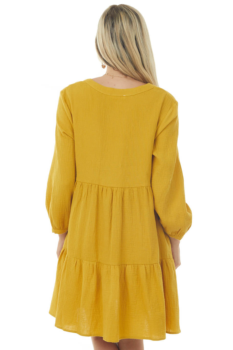 Mustard Long Sleeve V Neck Tiered Woven Short Dress