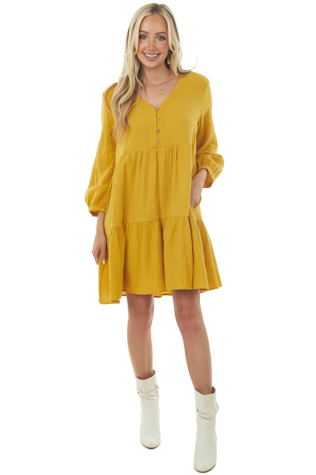 Mustard Long Sleeve V Neck Tiered Woven Short Dress