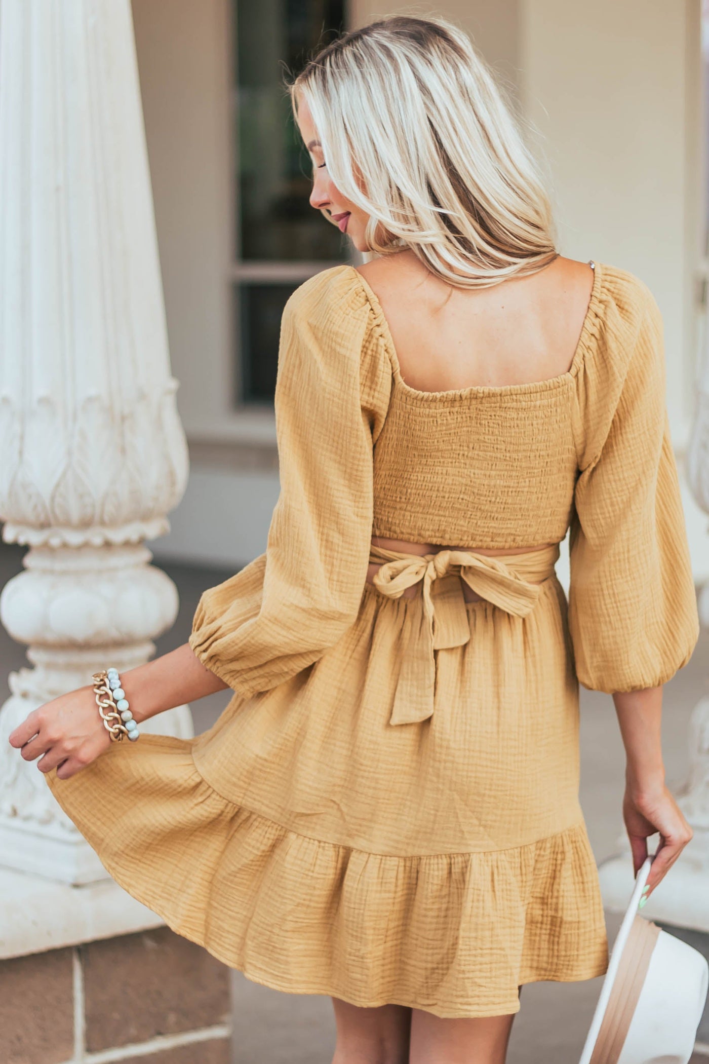 Mustard Open Back Puff Sleeve Gauze Woven Dress