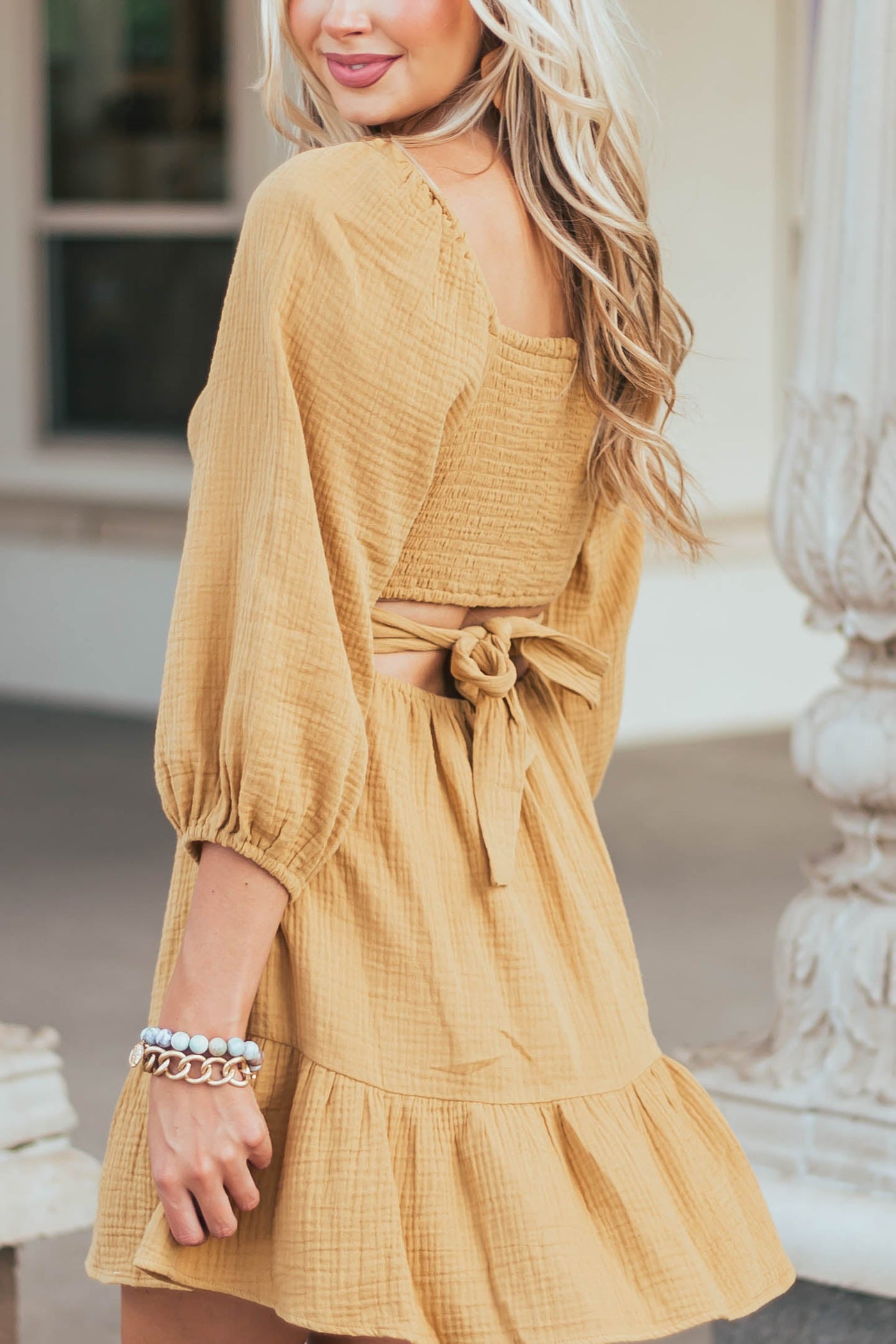 Mustard Open Back Puff Sleeve Gauze Woven Dress