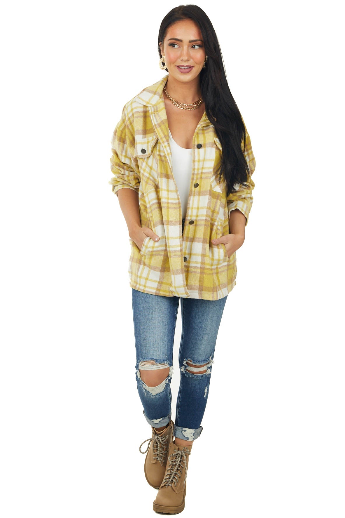 Mustard Plaid Lightweight Fleece Shacket