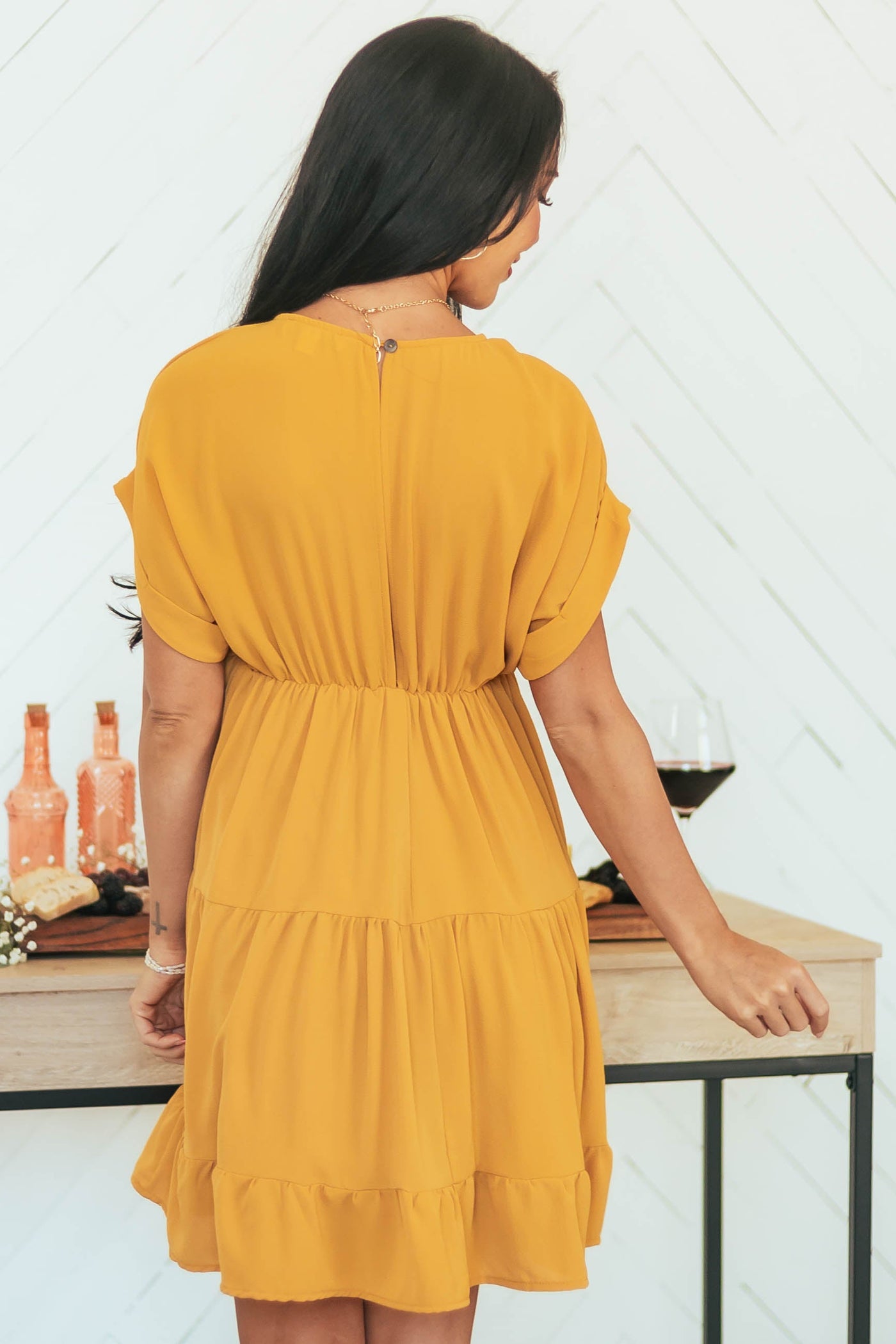 Mustard Plunging Neck Cuffed Sleeve Tiered Dress