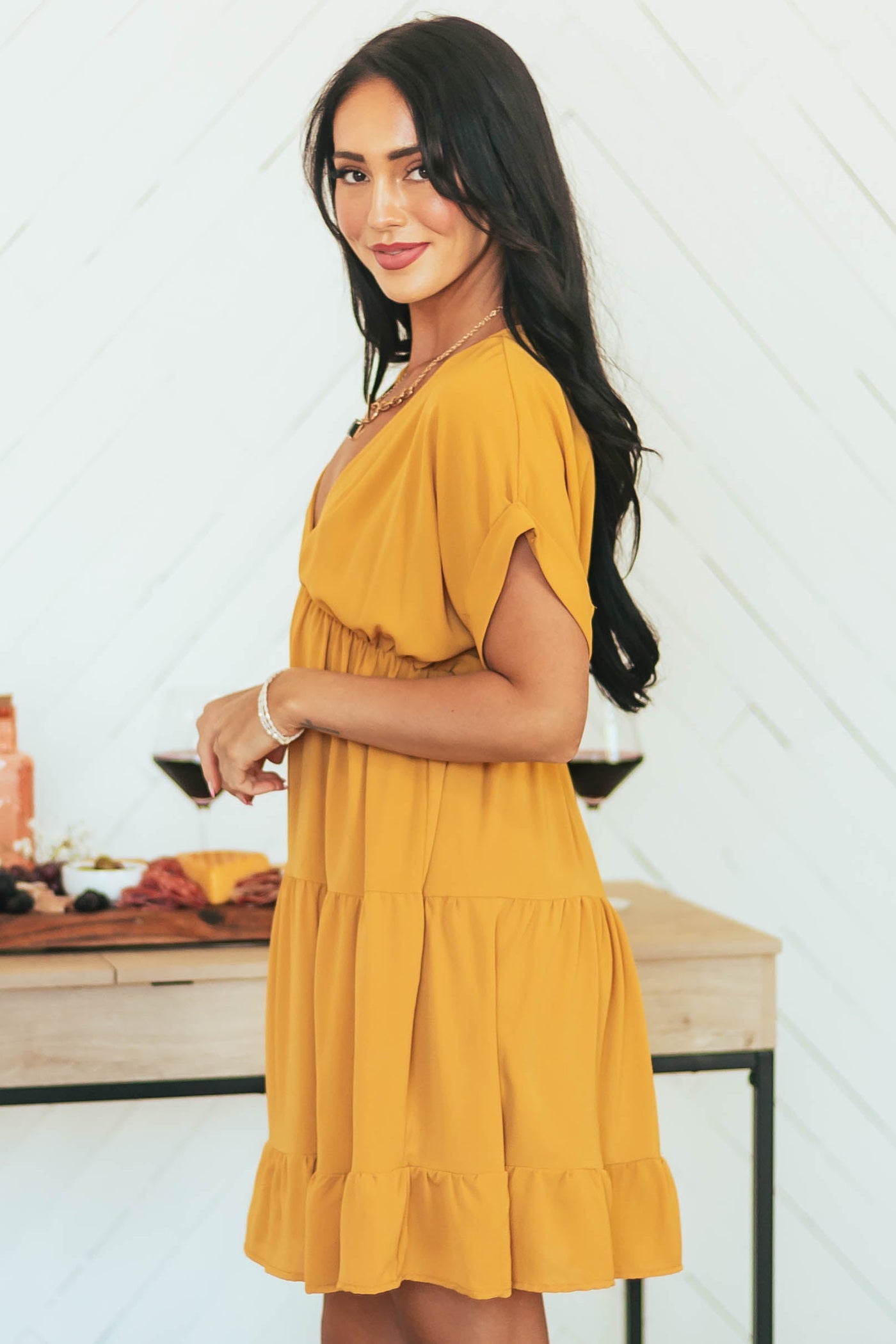 Mustard Plunging Neck Cuffed Sleeve Tiered Dress