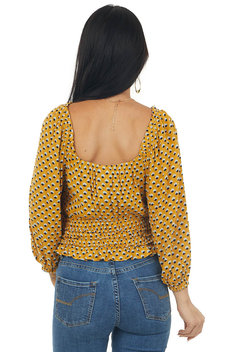 Mustard Printed Puff Sleeve Smocked Waist Top