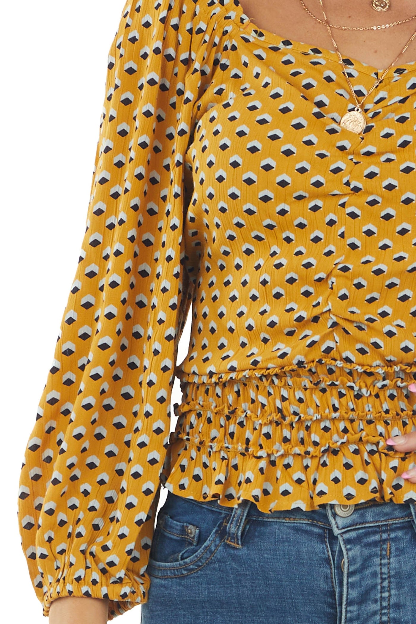Mustard Printed Puff Sleeve Smocked Waist Top