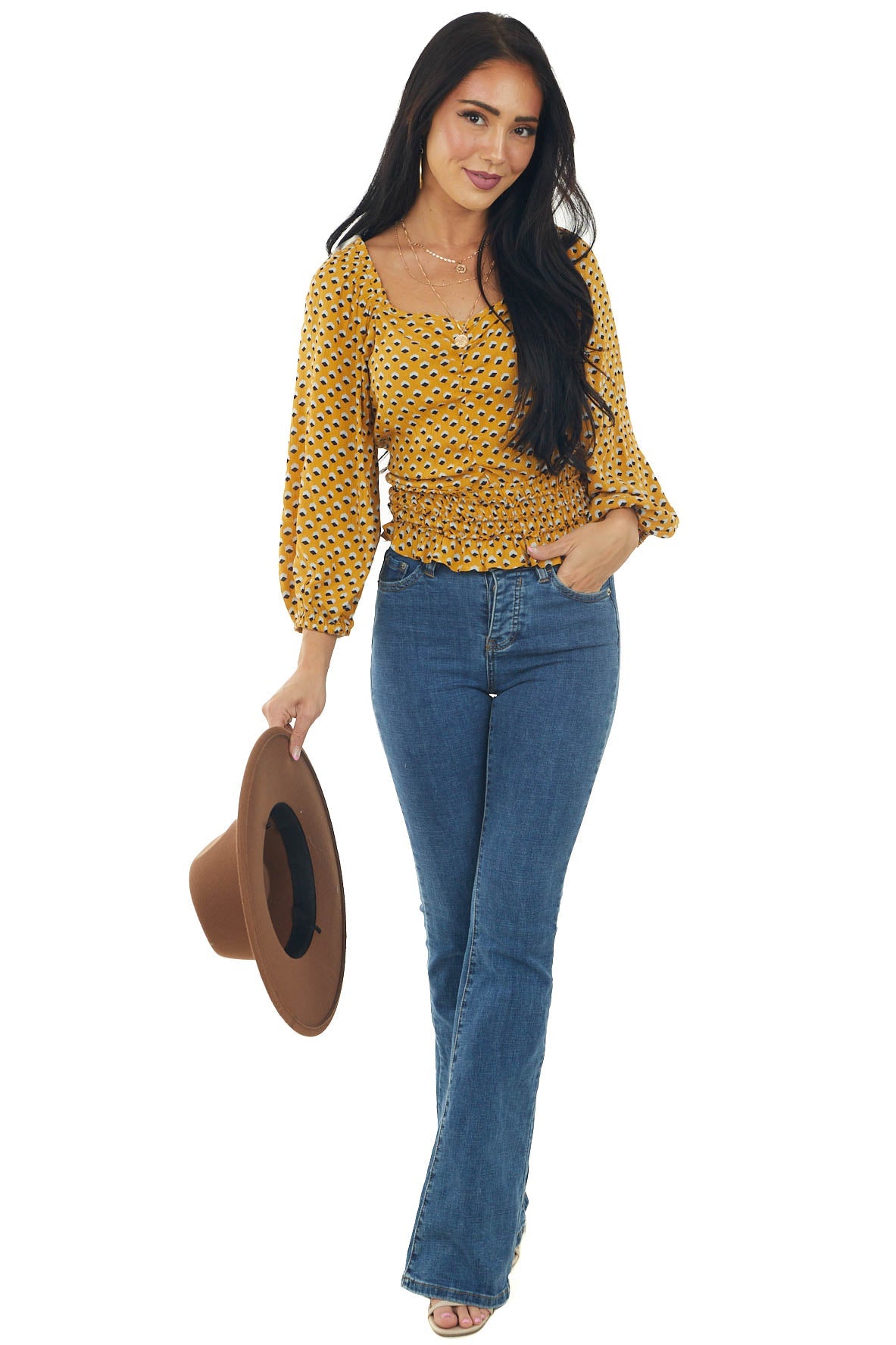 Mustard Printed Puff Sleeve Smocked Waist Top