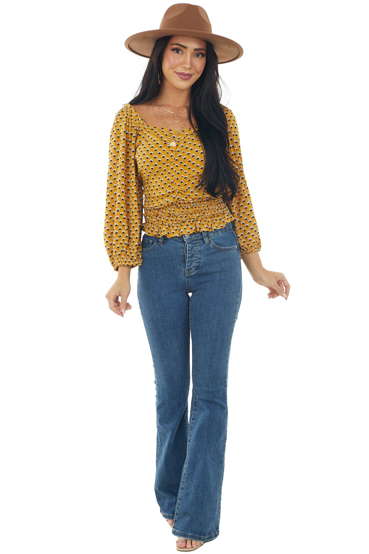 Mustard Printed Puff Sleeve Smocked Waist Top
