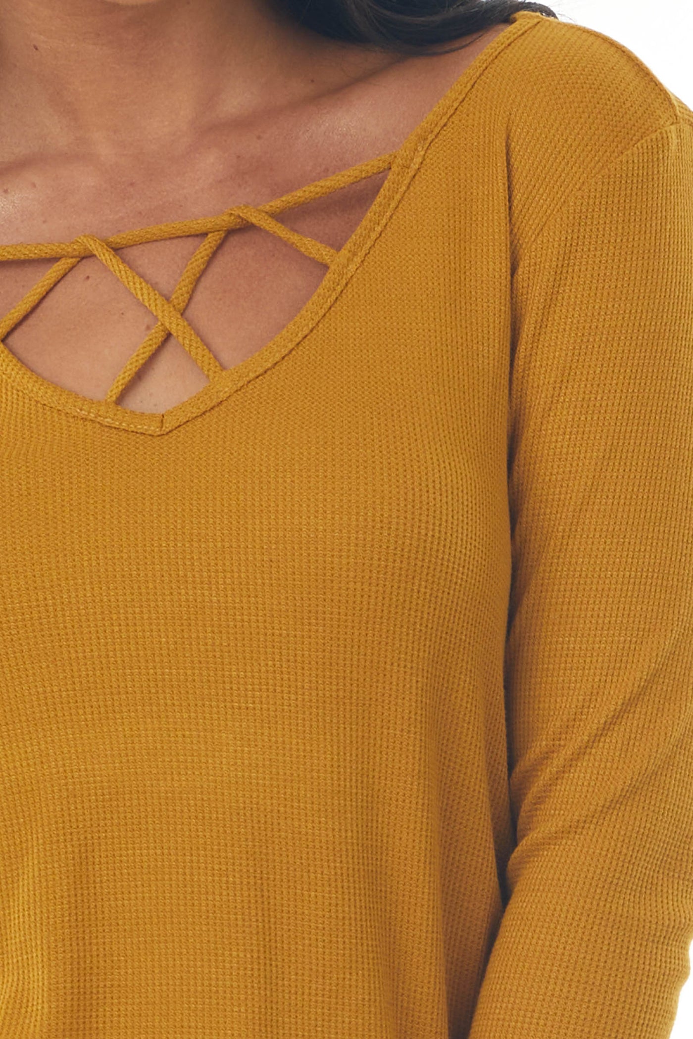 Mustard Ribbed Long Sleeve Knit Top with Caged Neckline