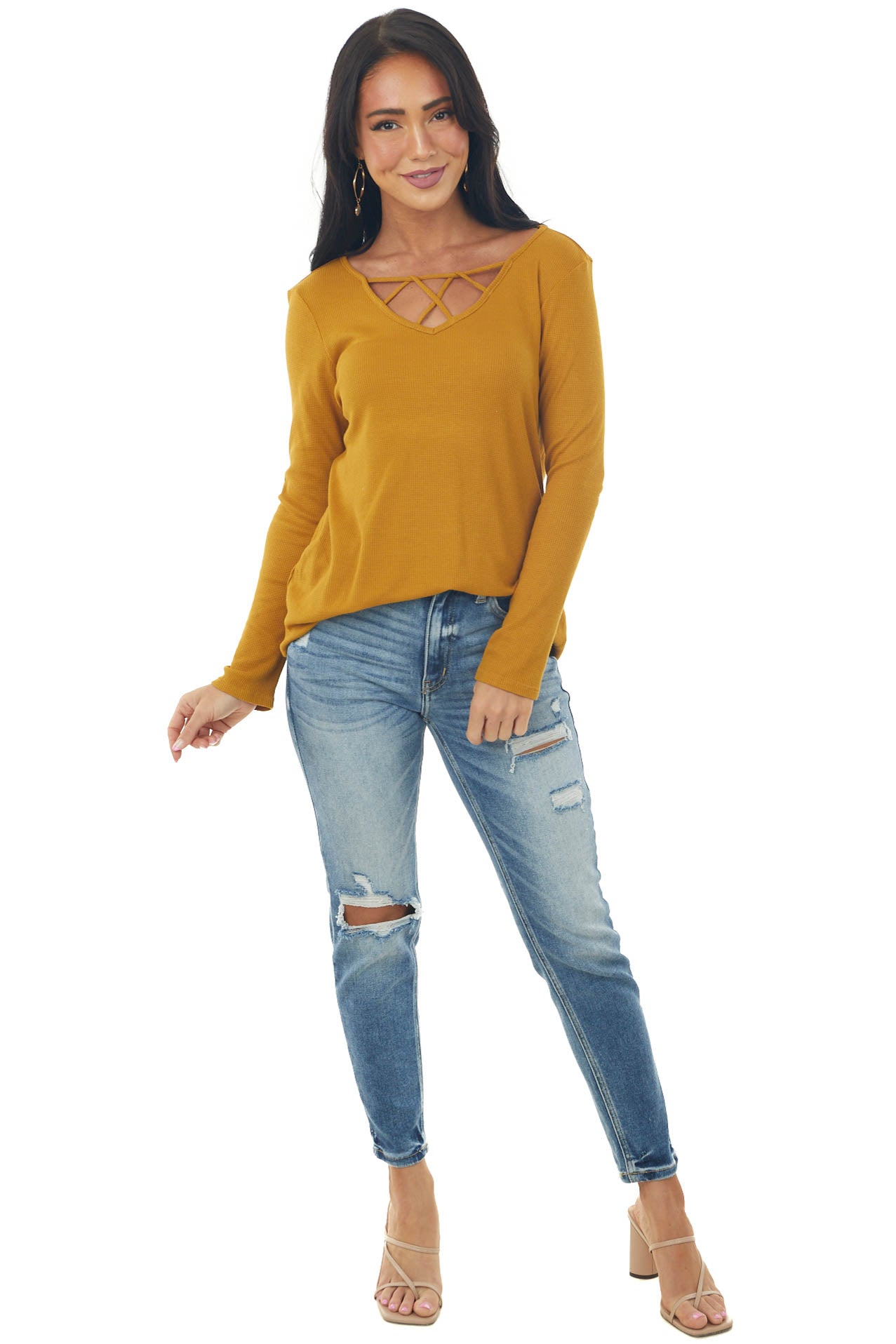 Mustard Ribbed Long Sleeve Knit Top with Caged Neckline