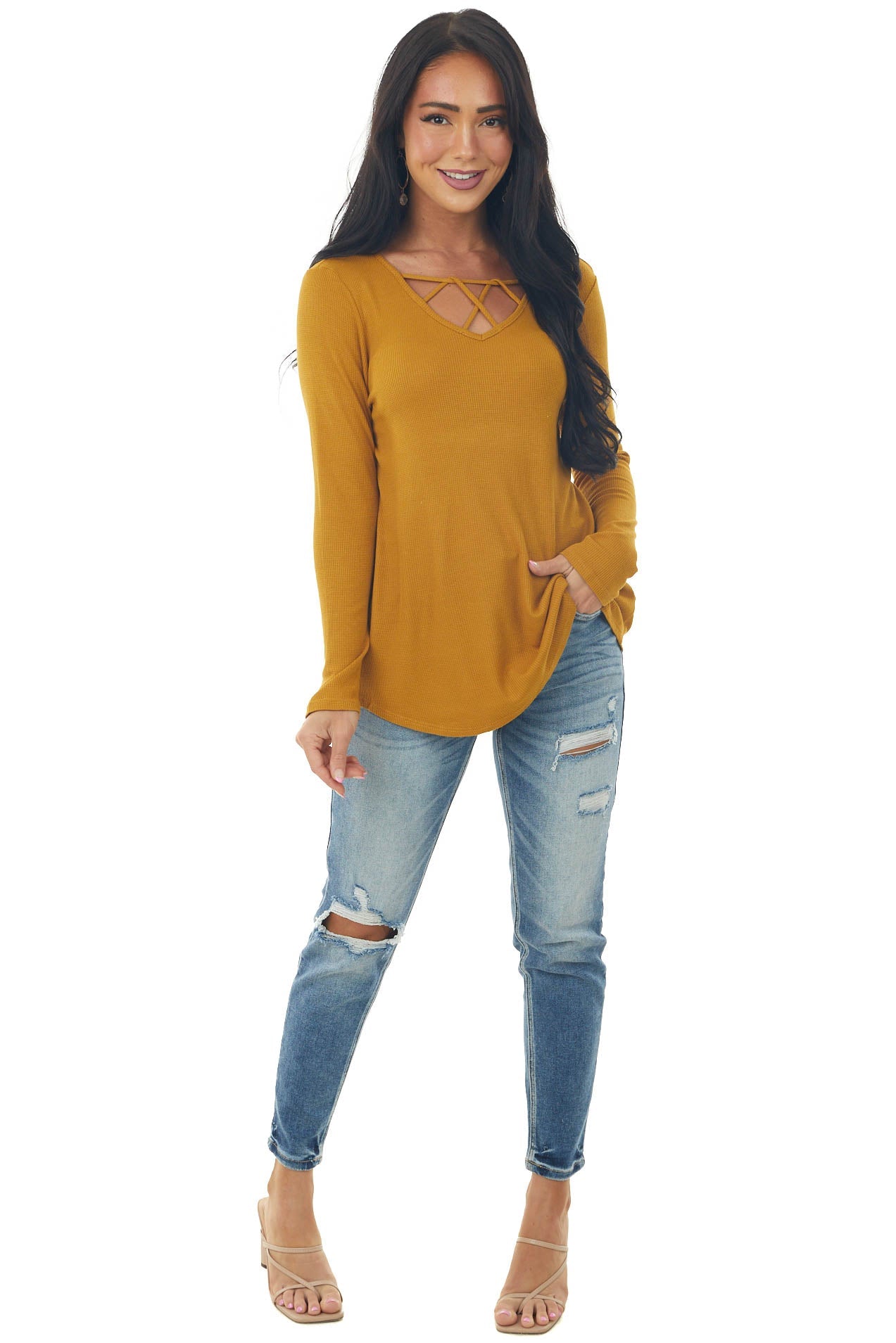 Mustard Ribbed Long Sleeve Knit Top with Caged Neckline
