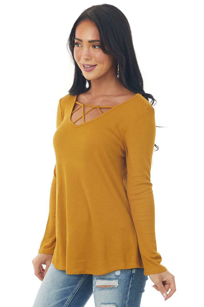 Mustard Ribbed Long Sleeve Knit Top with Caged Neckline