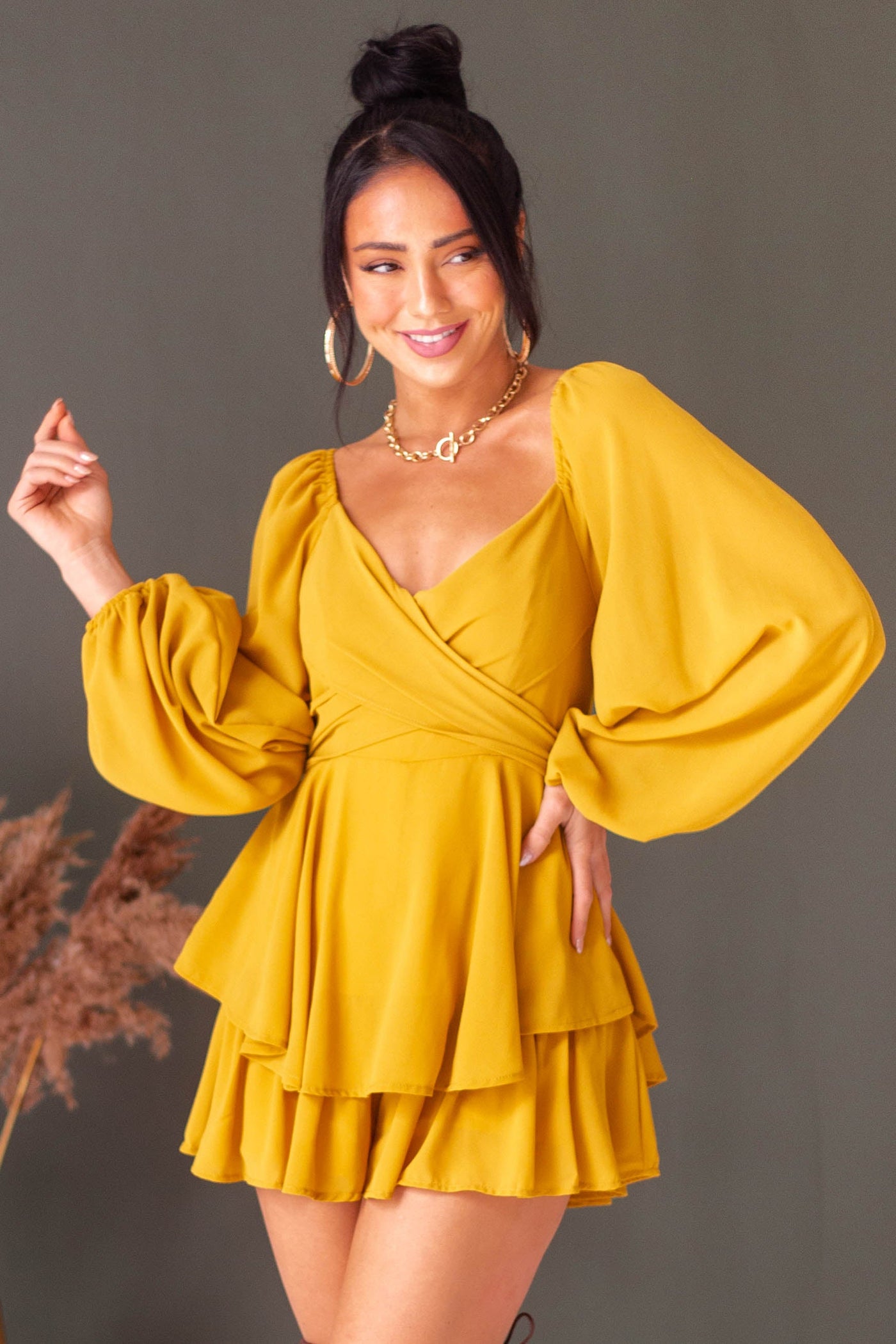 Mustard Ruffle Woven Romper with Back Tie Detail