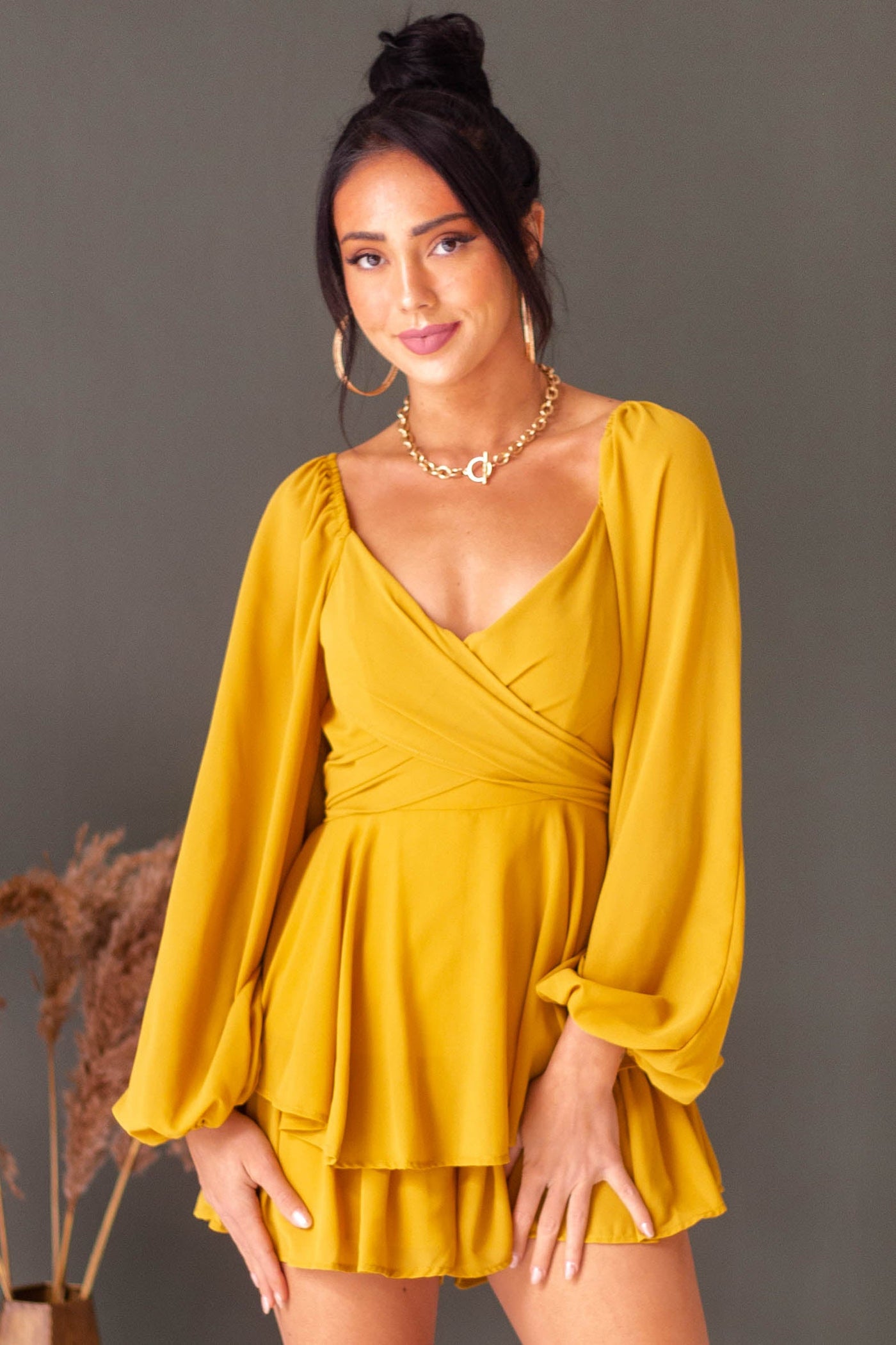 Mustard Ruffle Woven Romper with Back Tie Detail
