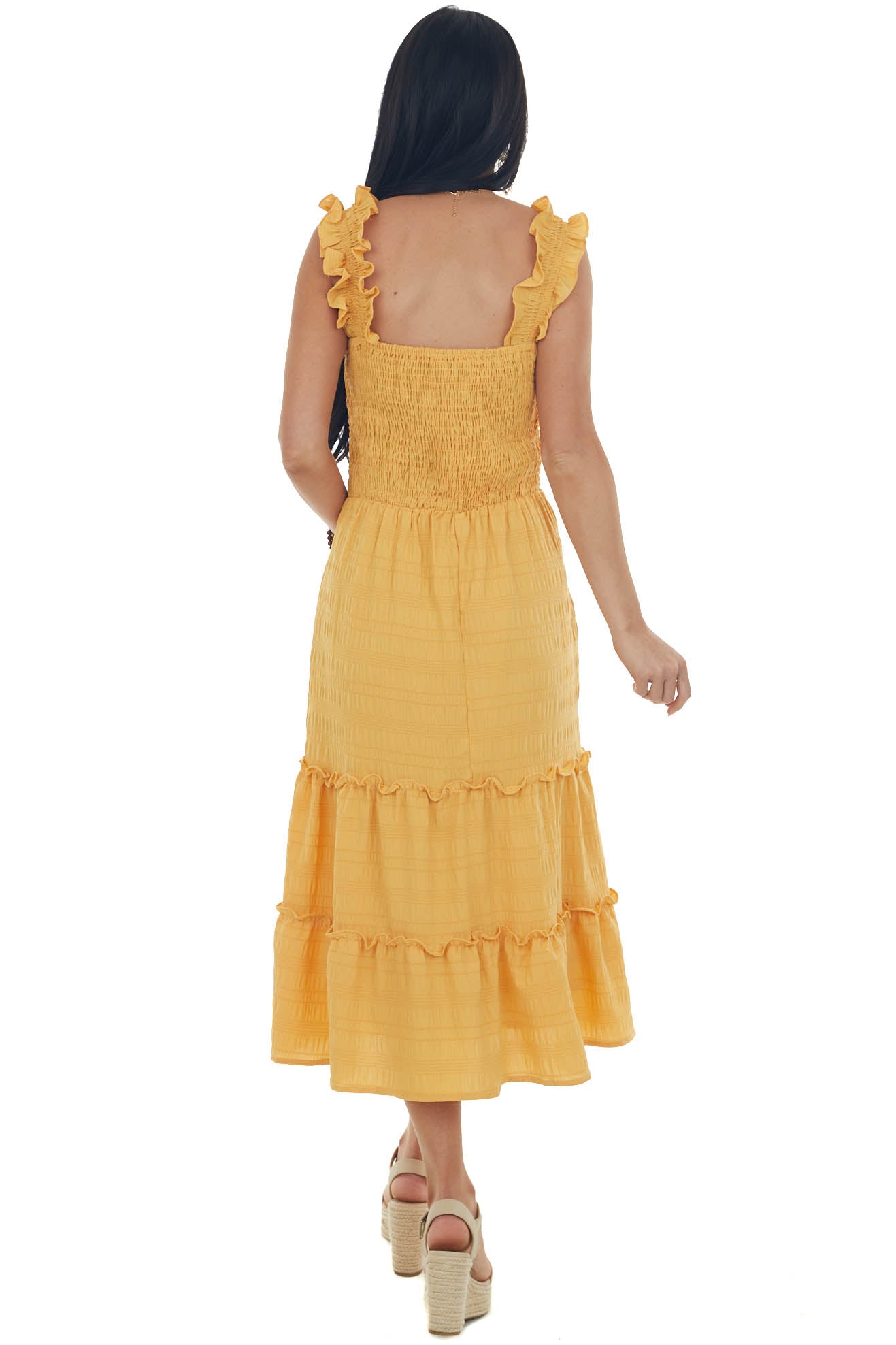 Mustard Smocked Ruffle Strap Tiered Midi Dress