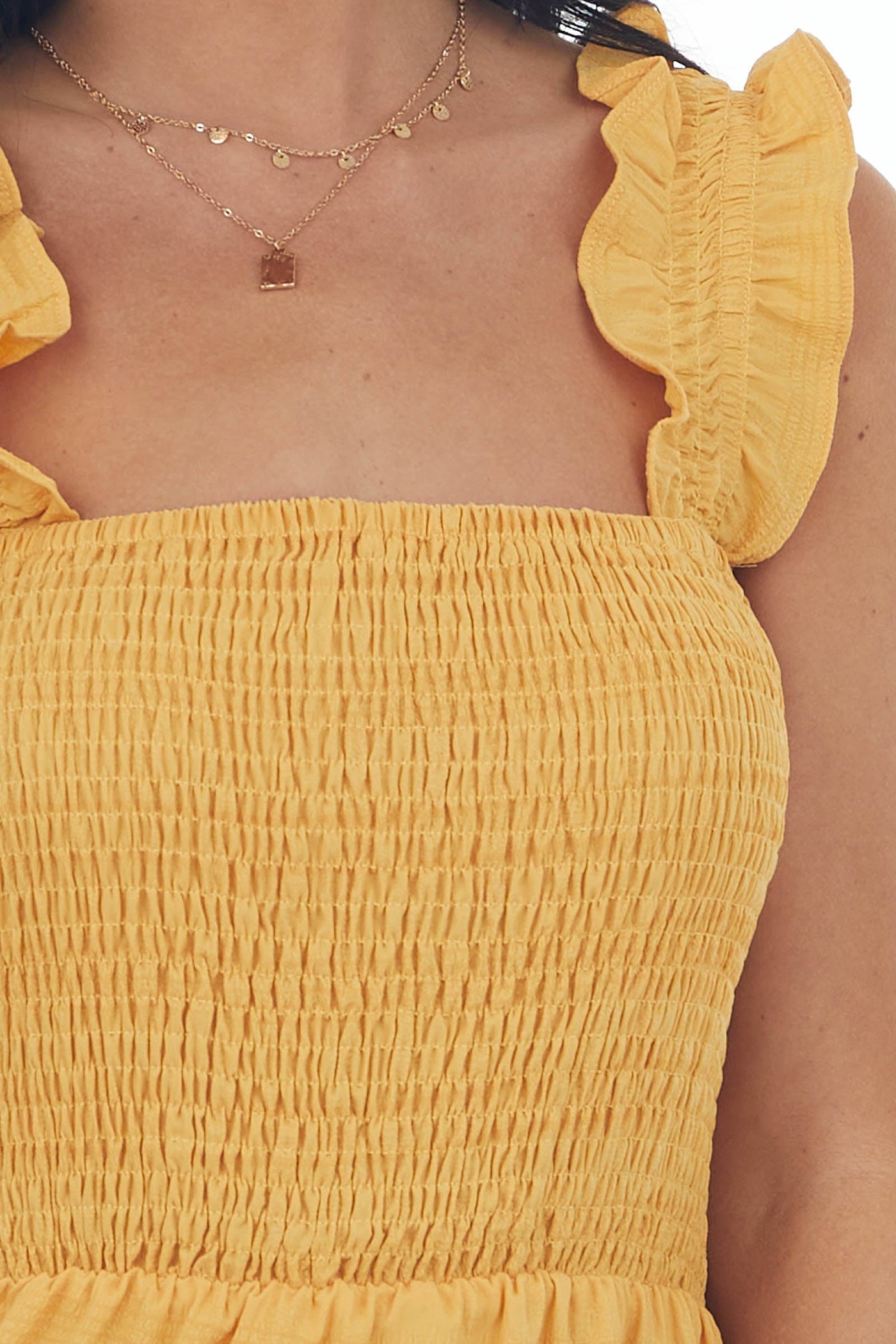 Mustard Smocked Ruffle Strap Tiered Midi Dress