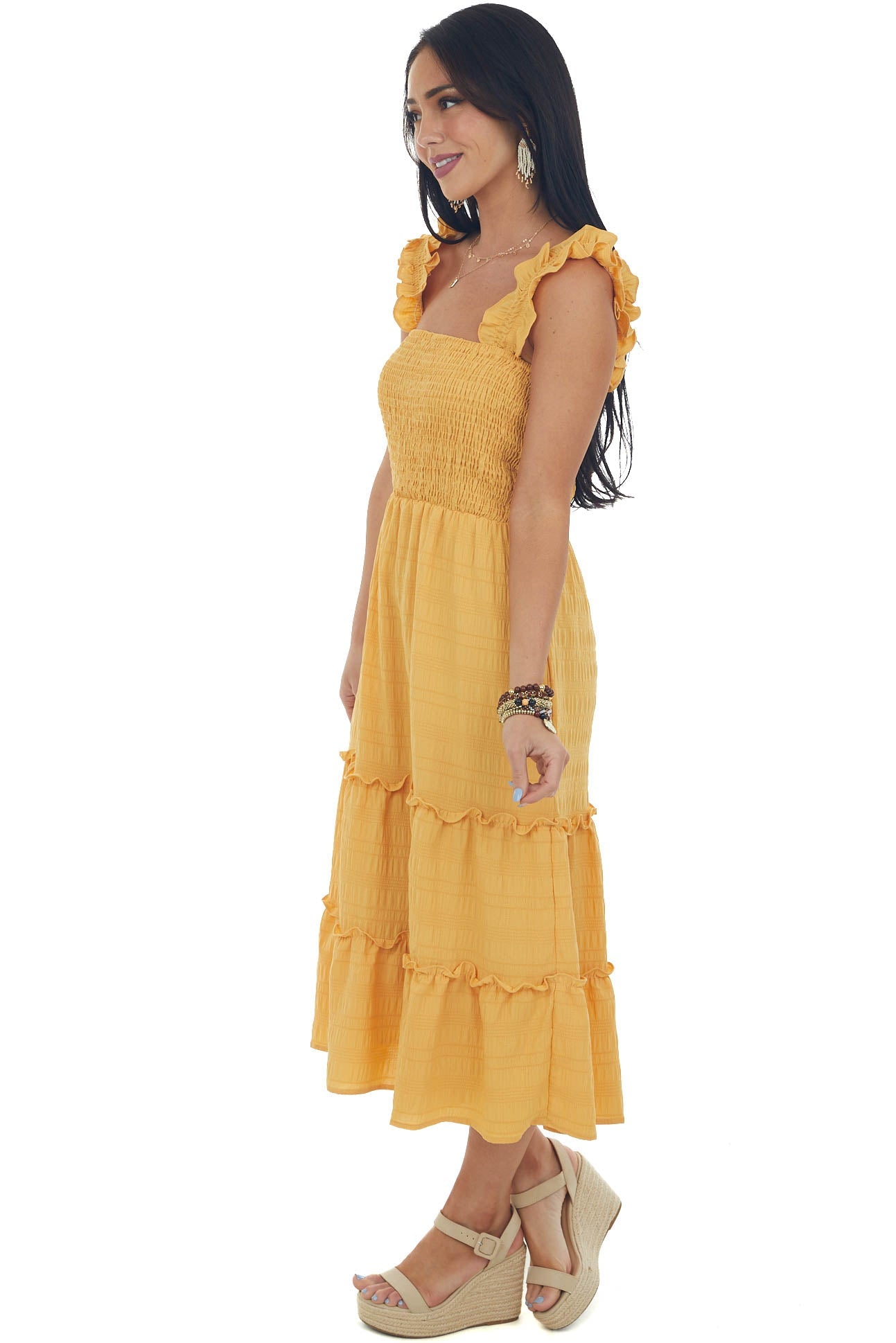 Mustard Smocked Ruffle Strap Tiered Midi Dress